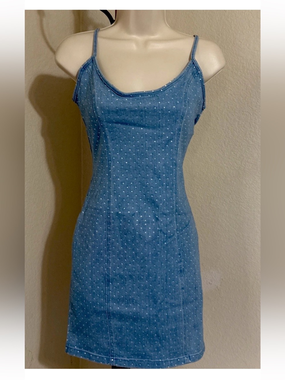 Light Blue Denim Studded Mini Dress — Sleeveless Spaghetti Strap — Summer Casual